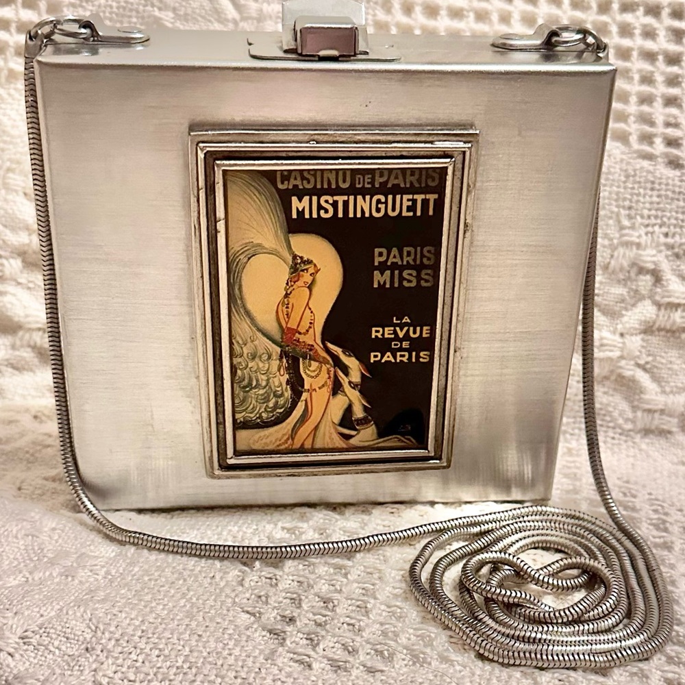 Small Metallic Hinged Box Crossbody Bag w/ Artwork Marked KDB